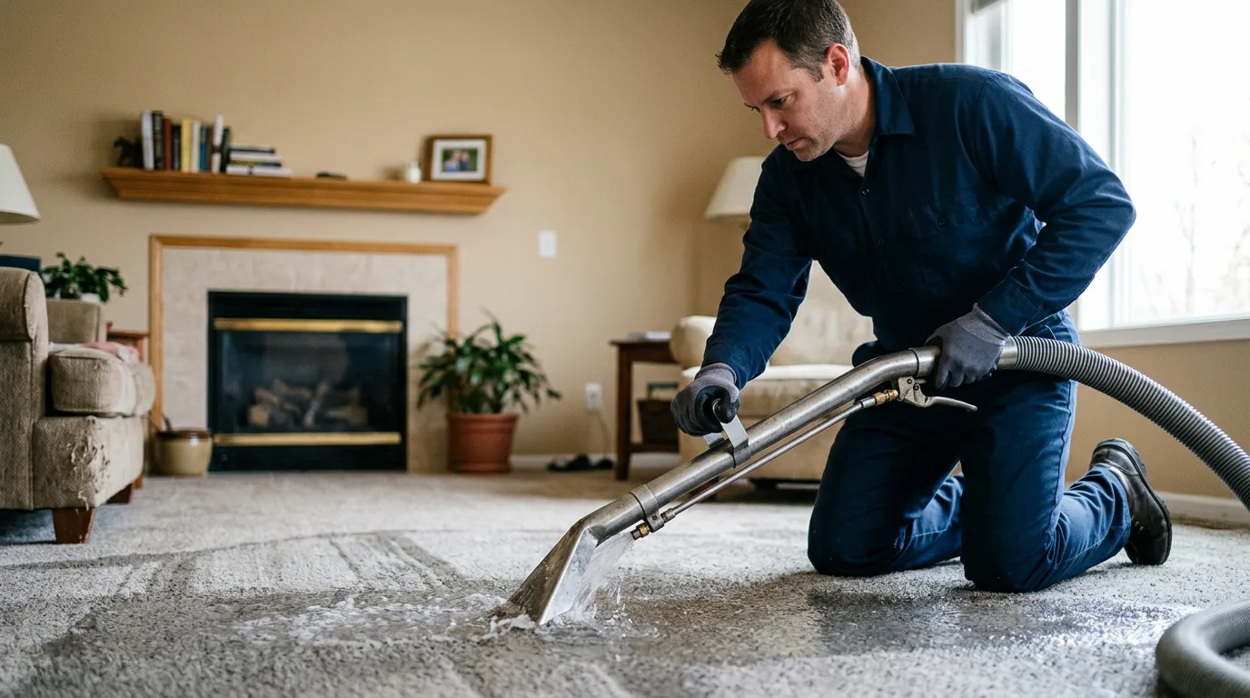 Water damage restoration technician working in a home in Ohio